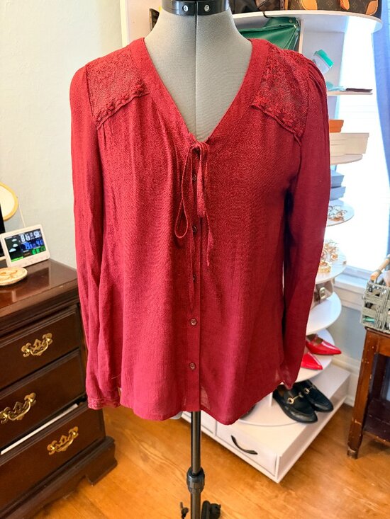 mine Tops - MINE Burgundy Wine Red Lace Yoke Blouse L Cottagecore Romantic Boho Festival